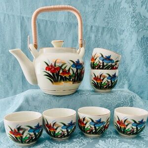 Vintage Japanese Teapot & 6 Cups Iris & Bird Porcelain Made in Japan